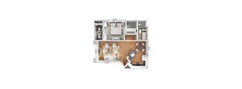 A floor plan of a two-story apartment with a living room, kitchen, and bathrooms.