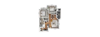 A floor plan of a house with a kitchen, living room, and two bedrooms.