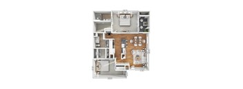 A floor plan of a house with a kitchen, living room, and two bedrooms.