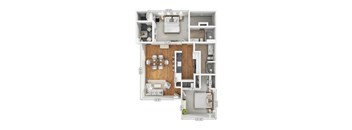 A floor plan of a small apartment with a kitchen, living room, and bathroom.