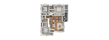 A floor plan of an apartment with a kitchen, living room, and two bedrooms.