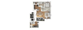 A floor plan of an apartment with a kitchen, living room, and two bedrooms.