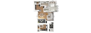 A floor plan of a house with a kitchen, living room, and two bedrooms.