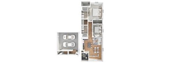 A floor plan of an apartment with a kitchen, living room, and two bedrooms.