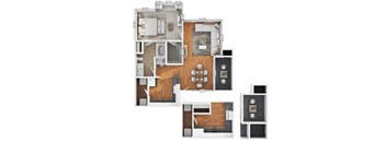 A floor plan of a house with a kitchen, living room, and two bedrooms.