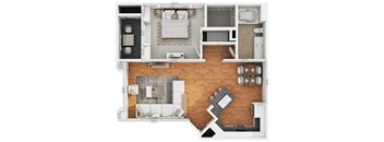 A top-down view of a two-story apartment layout with a living room, kitchen, and bathroom on the first floor, and a bedroom with a bathroom on the second floor.