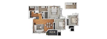 A floor plan of an apartment with a living room, kitchen, and bathrooms.