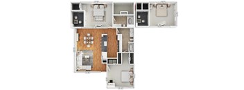 A floor plan of an apartment with a kitchen, living room, and two bedrooms.