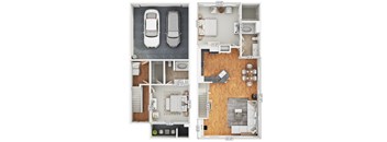 A floor plan of a two-story house with a garage on the first floor and a living area on the second floor.