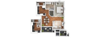 A floor plan of a house with a kitchen, living room, dining room, and bathroom.