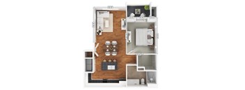 A floor plan of a small apartment with a kitchen, living room, and bathroom.