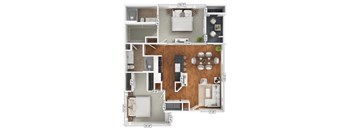 A floor plan of an apartment with a living room, kitchen, and two bedrooms.