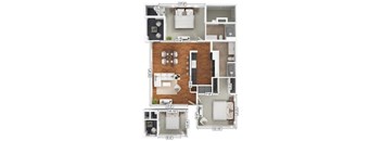 A floor plan of an apartment with a kitchen, living room, and two bedrooms.