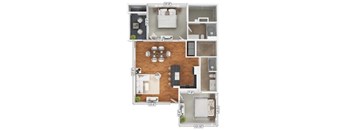 A floor plan of an apartment with a living room, kitchen, dining room, and two bedrooms.