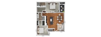 A floor plan of a house with a kitchen, living room, and two bedrooms.