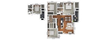A floor plan of an apartment with a kitchen, living room, and two bedrooms.