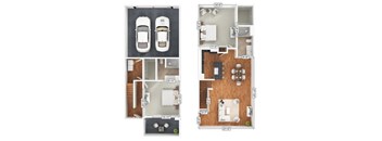 A floor plan of a two-story house with a garage on the first floor and a living area on the second floor.