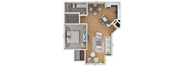 A floor plan of a house with a kitchen, living room, dining room, and bathroom.