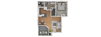 A floor plan of a house with a living room, kitchen, and two bedrooms.