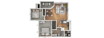 A floor plan of a two-bedroom apartment with a living room, kitchen, and bathroom.