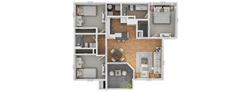 A floor plan of a house with a kitchen, living room, and two bedrooms.