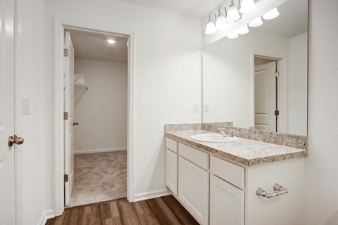 Elegant bathroom with attached closet in master bedroom at Beacon at Arbours in Ruskin, FL