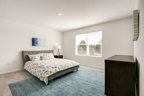 Furnished master bedroom with a bed, blue rug, dresser, and a window at Beacon at Arbours in Ruskin, FL