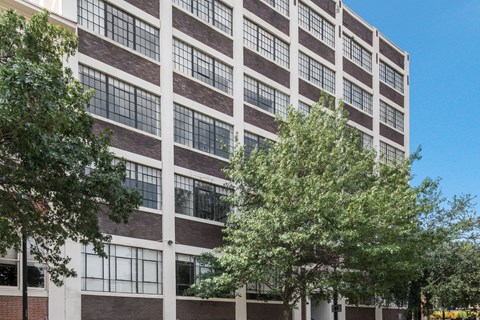 a large building with trees in front of it