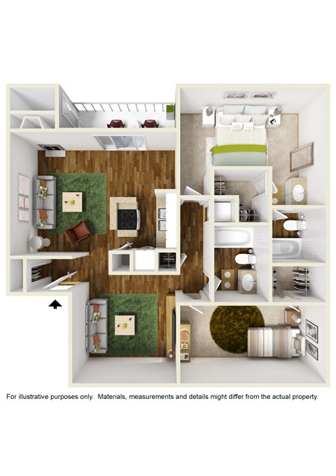 3D rendering of D9 floor plan furnished at Windridge on the Parkway in Dallas, TX
