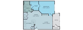 A floor plan of a small apartment with a living room, kitchen, dining room, and bedroom.