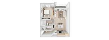 3d rendering of A1 floor plan, 1 bed, 1 bath, 732 sqft, at Whispering Pines at Westdale Hills in Euless, TX