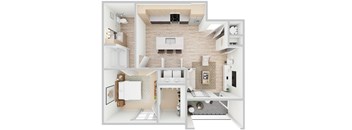 3D rendering of A2 floor plan, 1 bed, 1 bath, 798-863 sqft at Whispering Pines at Westdale Hills in Euless, TX