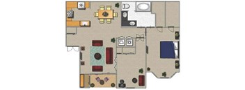 A floor plan of a house with a kitchen, living room, and bathroom.