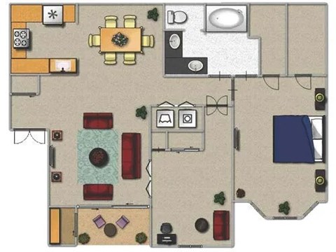 A floor plan of a house with a kitchen, living room, and bathroom.