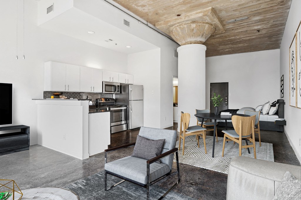 Adam Hats Lofts staged living space. Apartments in Dallas, TX