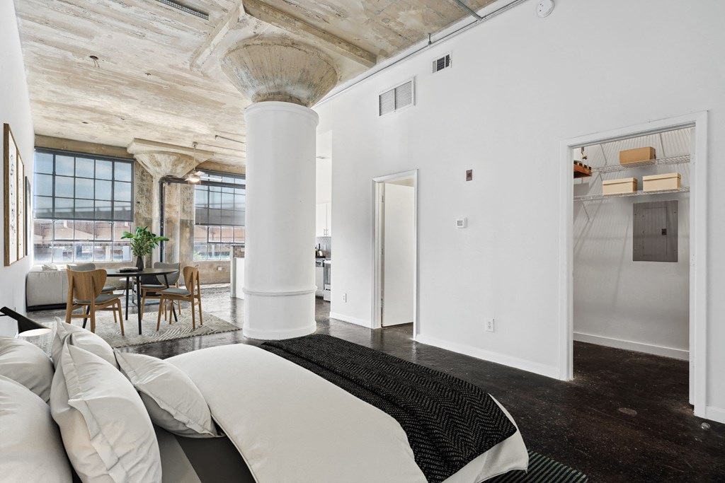 Adam Hats Lofts staged studio bedroom. Apartments in Dallas, TX.