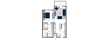 A floor plan of a house with a living area, bedroom, bathroom, kitchen, and utility space.