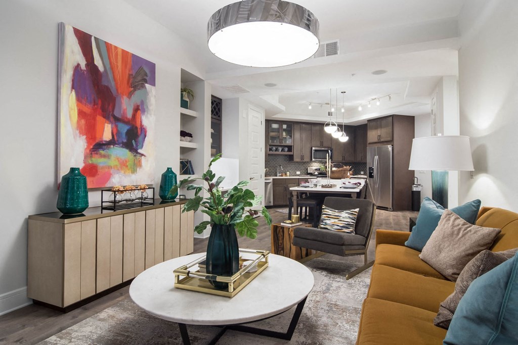 Living Room And Kitchen View at The Alastair at Aria Village, Sandy Springs