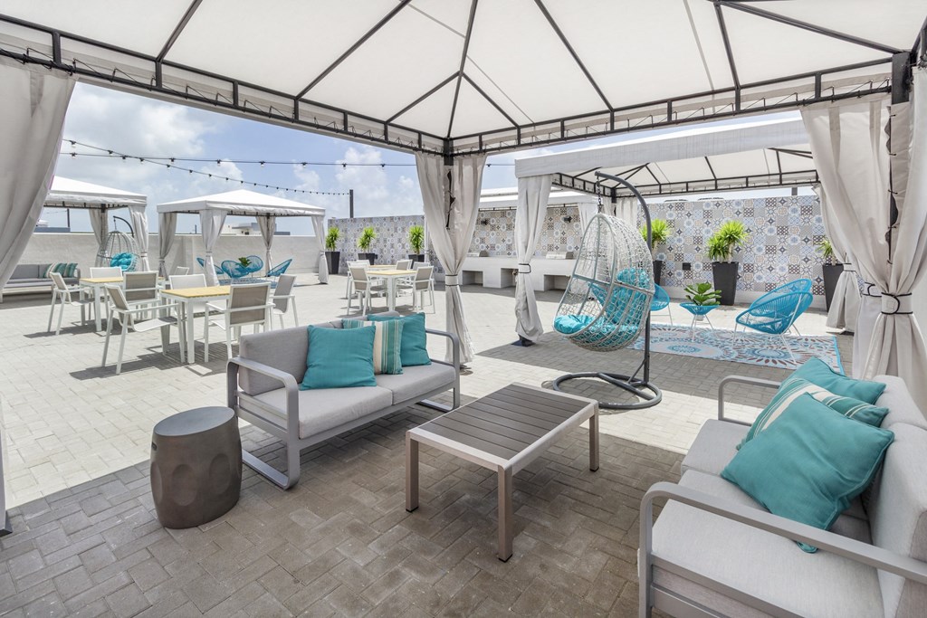Rooftop Patio with Cabanas and Intimate Seating at Alameda West, Miami, Florida