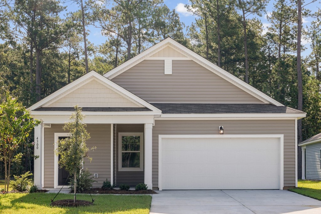 Front exterior of the Sequoia home painted in gray at Beacon at Ashley River Landing in Summerville, SC