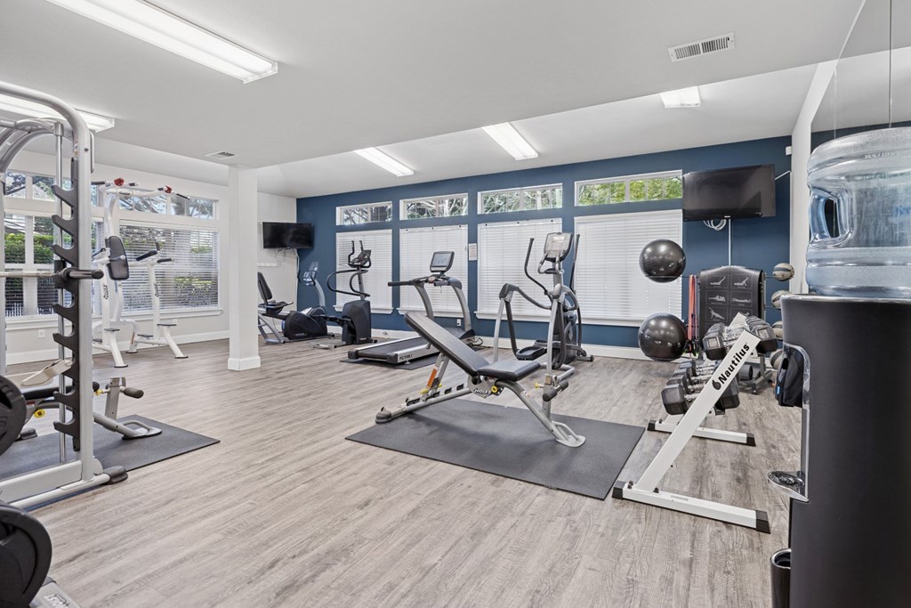A gym with a variety of equipment including weights, treadmills, yoga equipment, and ellipticals at Abbey Rowe Apartments in Olympia, WA