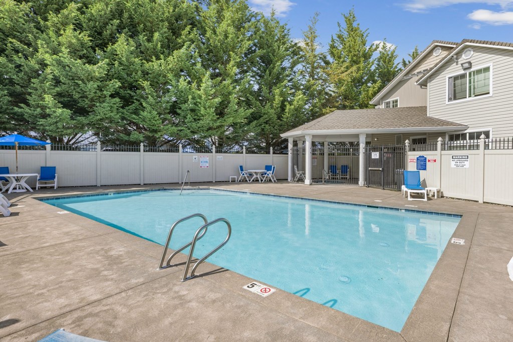 A swimming pool with a pavilion and blue lounge chairs surrounding it at Abbey Rowe Apartments in Olympia, WA
