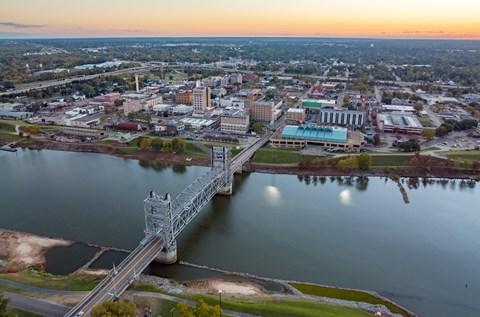 A bridge spans a body of water with a city in the background.