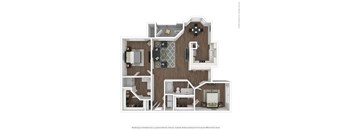 B3 3D floor plan furnished, 2 bed, 2 bath, A1 3D floor plan furnished. 1 bed, 1 bath, Asheville at Spring Branch in Houston, TX
