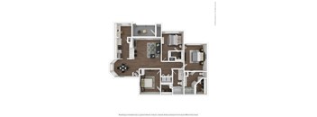 C1 3D floor plan furnished, 3 bed, 2 bath, A1 3D floor plan furnished. 1 bed, 1 bath, Asheville at Spring Branch in Houston, TX