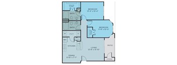 B1 floor plan, 2bed 2 bath and 977 square feet. Hilltops in Conroe, TX