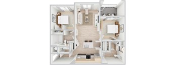 3d rendering of B1 floor plan, 2 bed, 2 bath, 1,058 sqft at Whispering Pines at Westdale Hills in Euless, TX