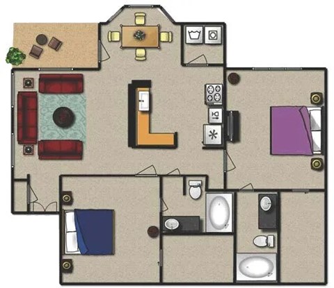 A floor plan of a house with a kitchen, living room, and bathroom.