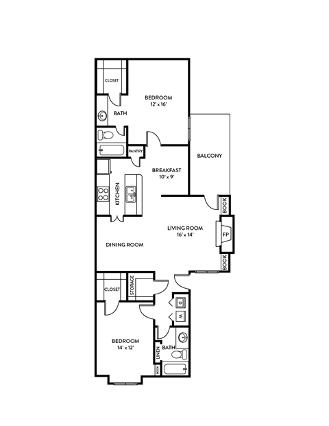 Ridgeview floor plan, 2bed, 2bath, 1160sf, Chisholm Place Apartments in Plano, TX