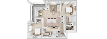 3D rendering of B2 floor plan, 2 bed, 2 bath, 1,102 sqft at Whispering Pines at Westdale Hills in Euless, TX
